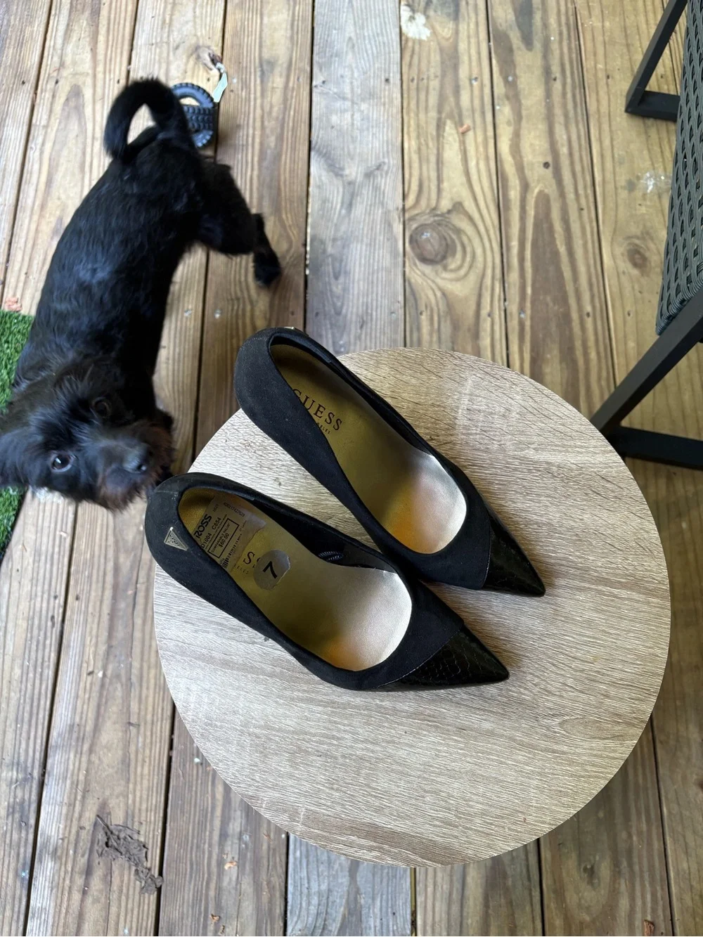 Guess Black Suede and Patent Pointed-Toe Stilettos